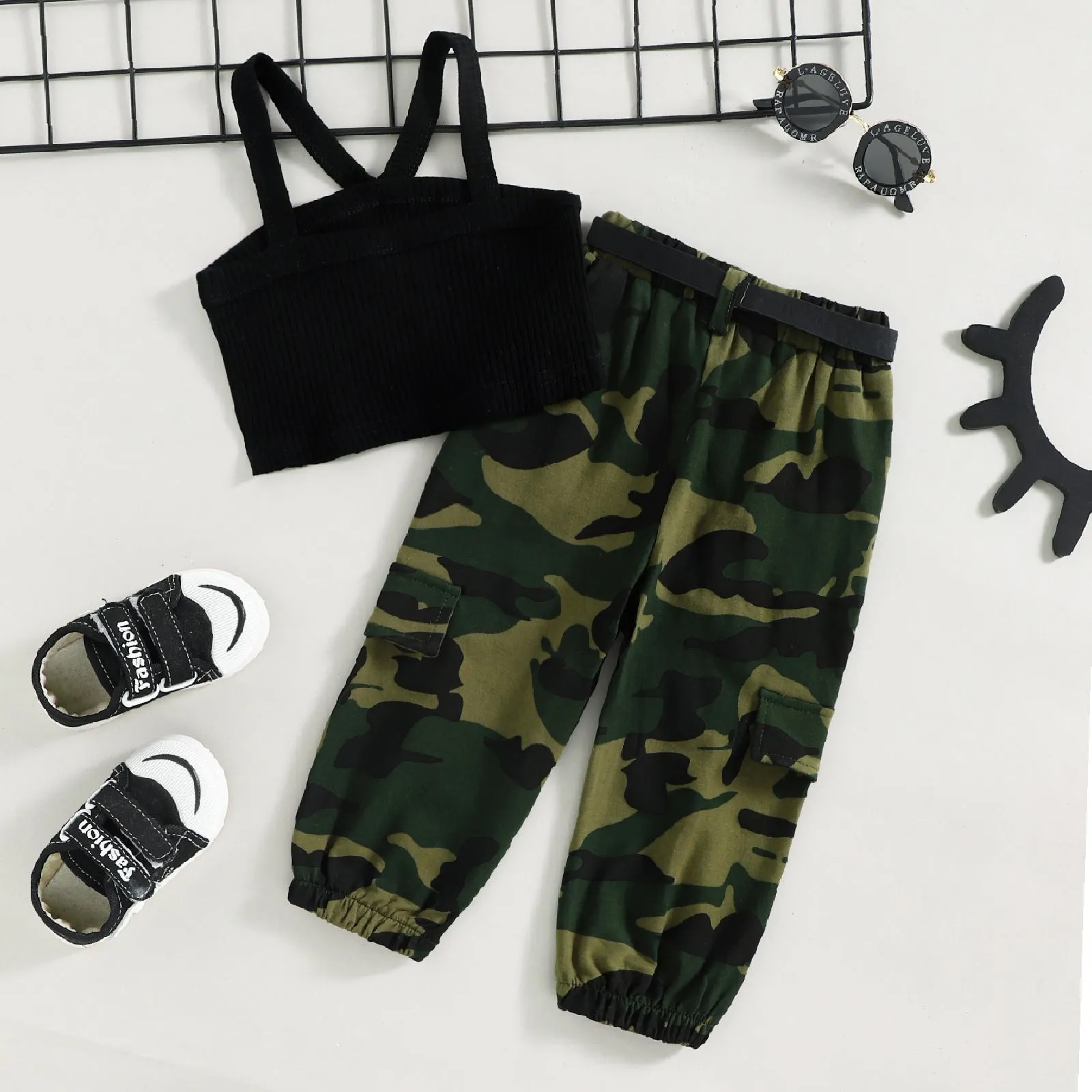 Summer military uniform suspender top camouflage trousers two-piece suit straight hair