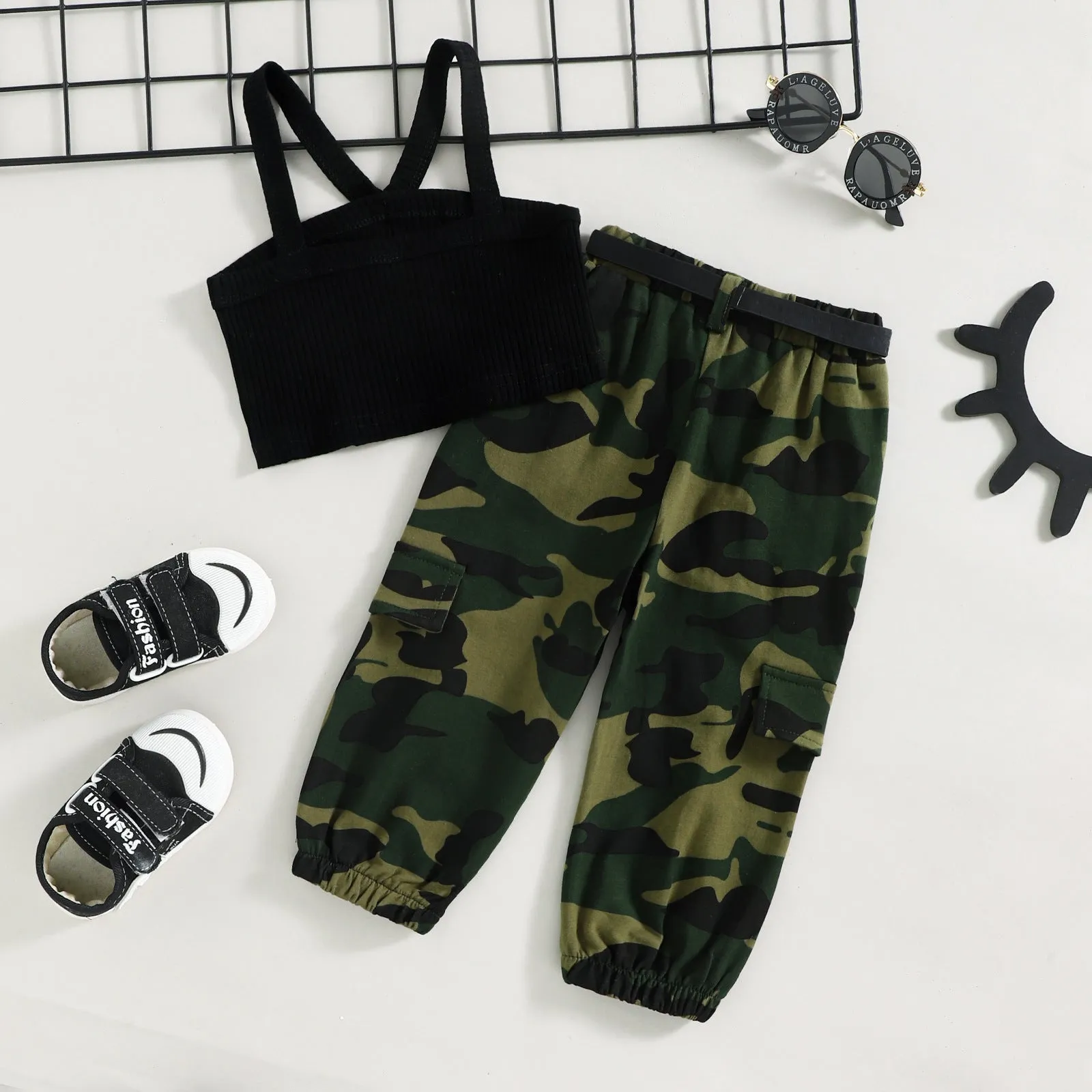 Summer military uniform suspender top camouflage trousers two-piece suit straight hair