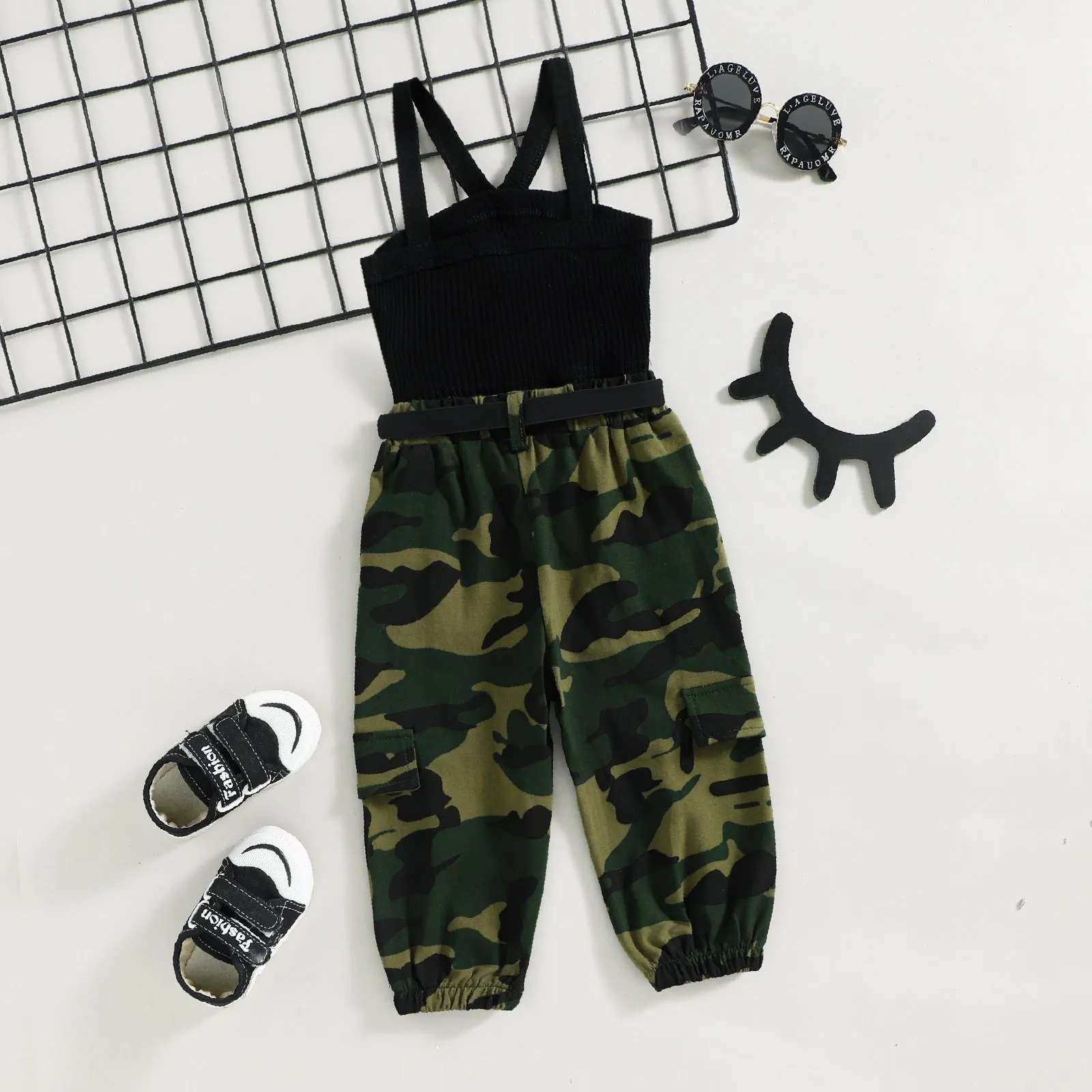 Summer military uniform suspender top camouflage trousers two-piece suit straight hair