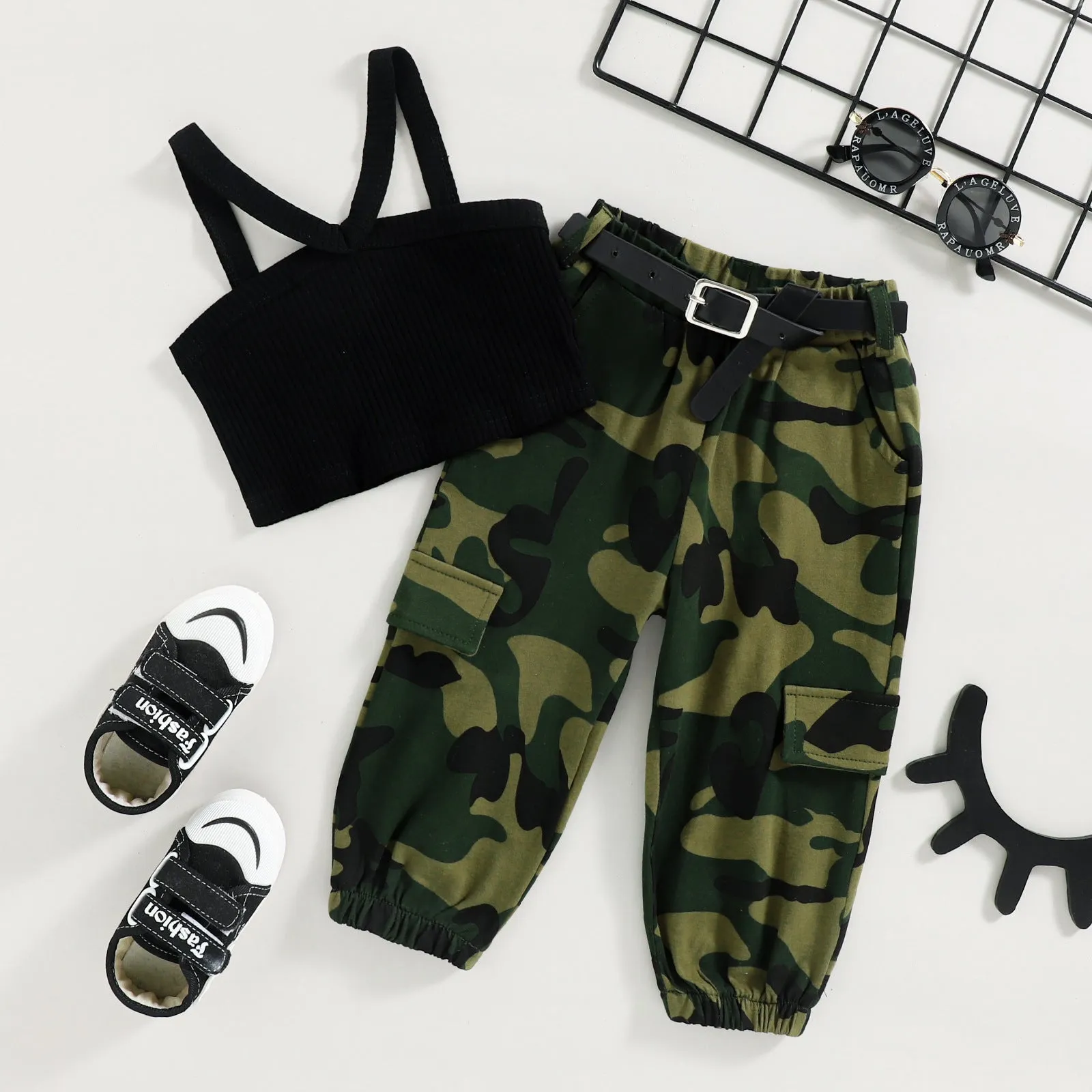 Summer military uniform suspender top camouflage trousers two-piece suit straight hair