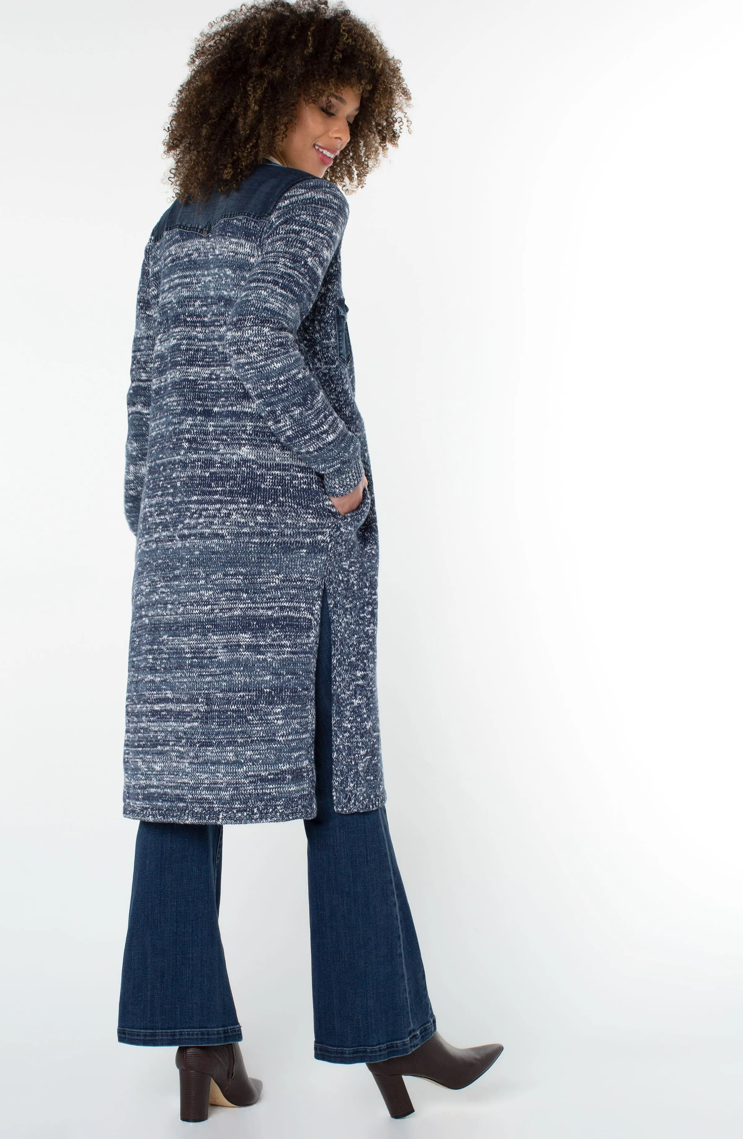 Sweater Cardigan with Denim Trim
