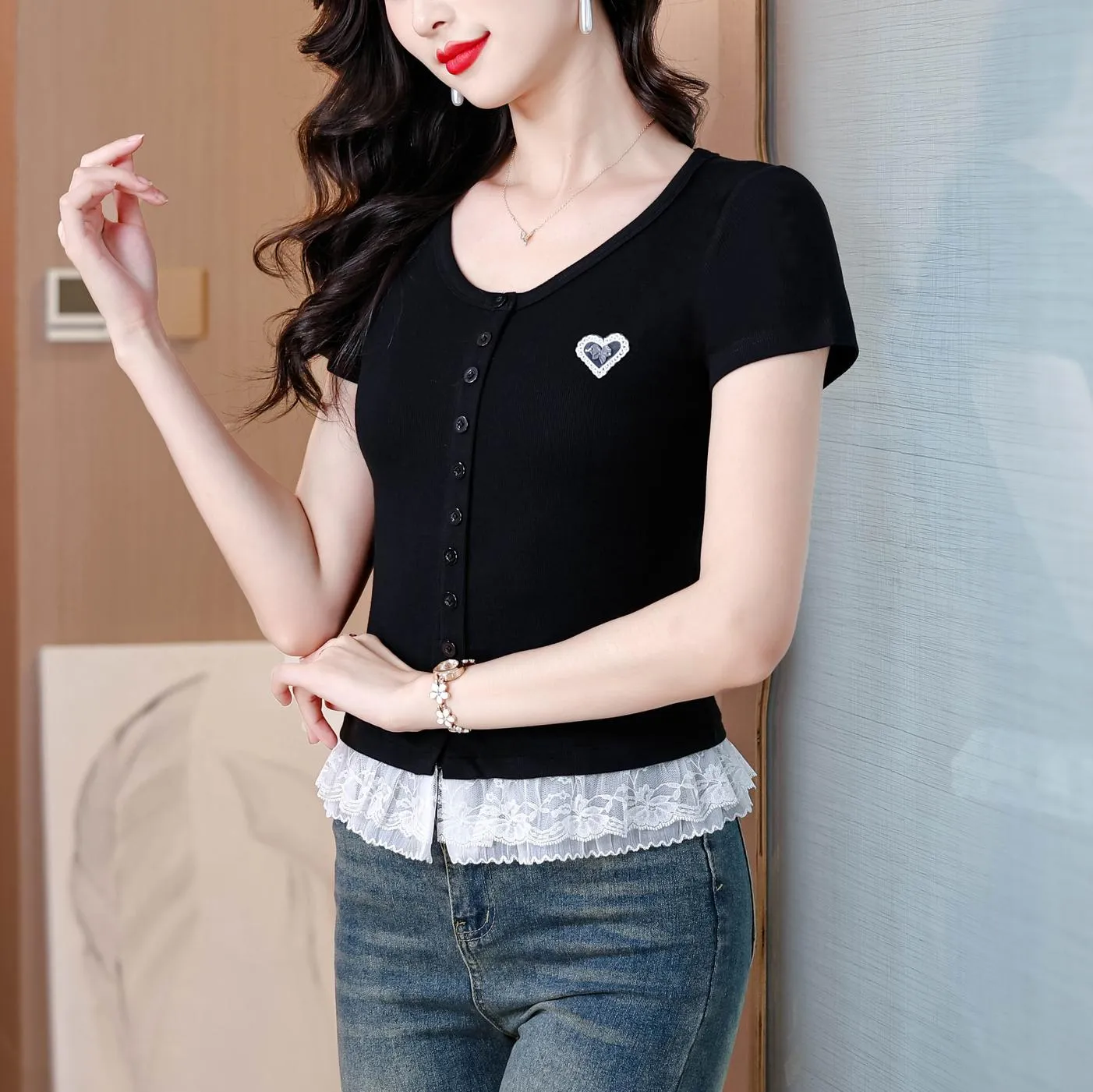 Sweet and Flattering Lace Trim Black Henley T-Shirt for Women