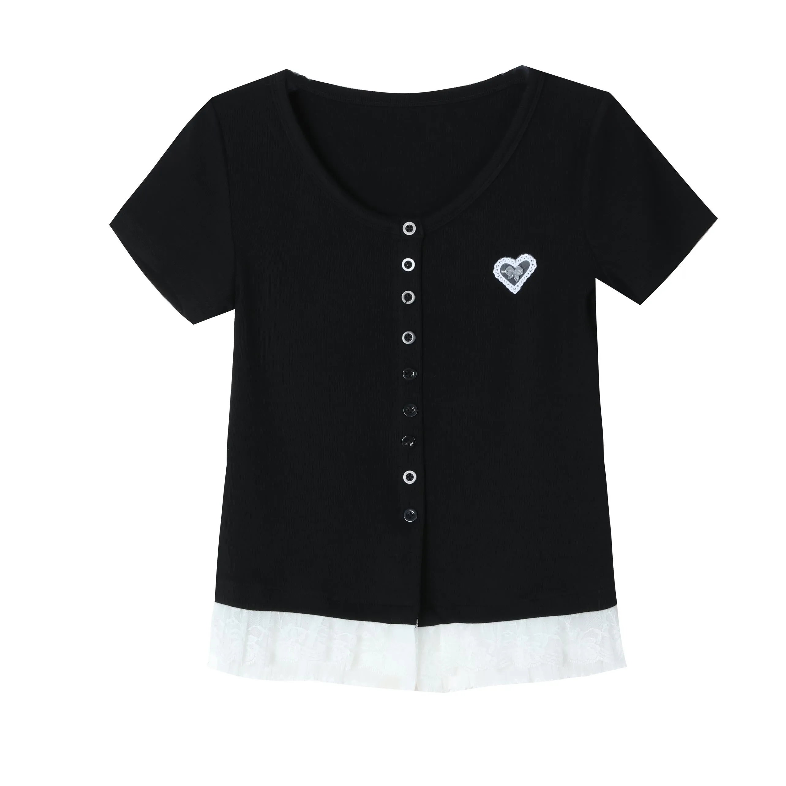 Sweet and Flattering Lace Trim Black Henley T-Shirt for Women
