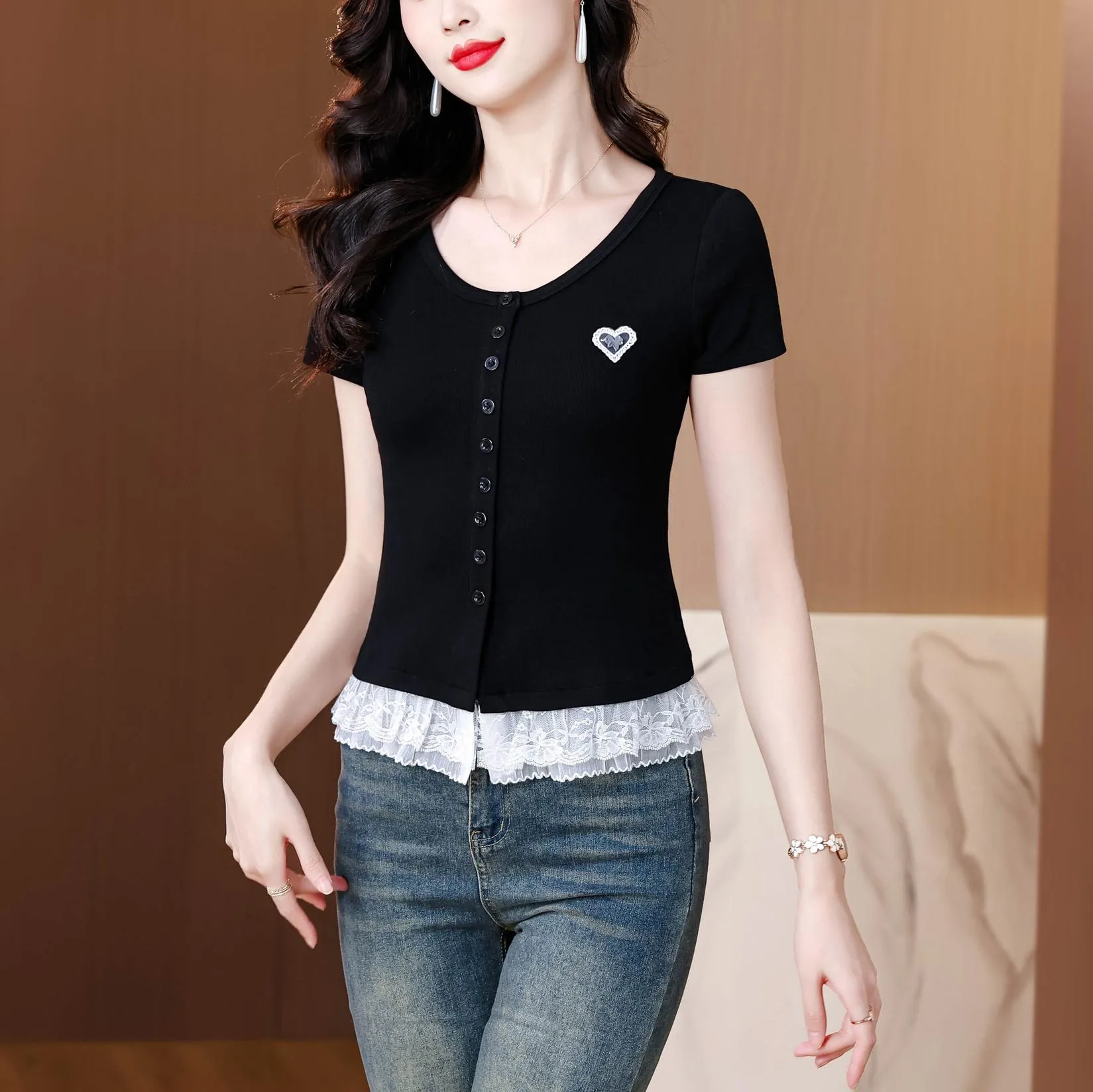 Sweet and Flattering Lace Trim Black Henley T-Shirt for Women