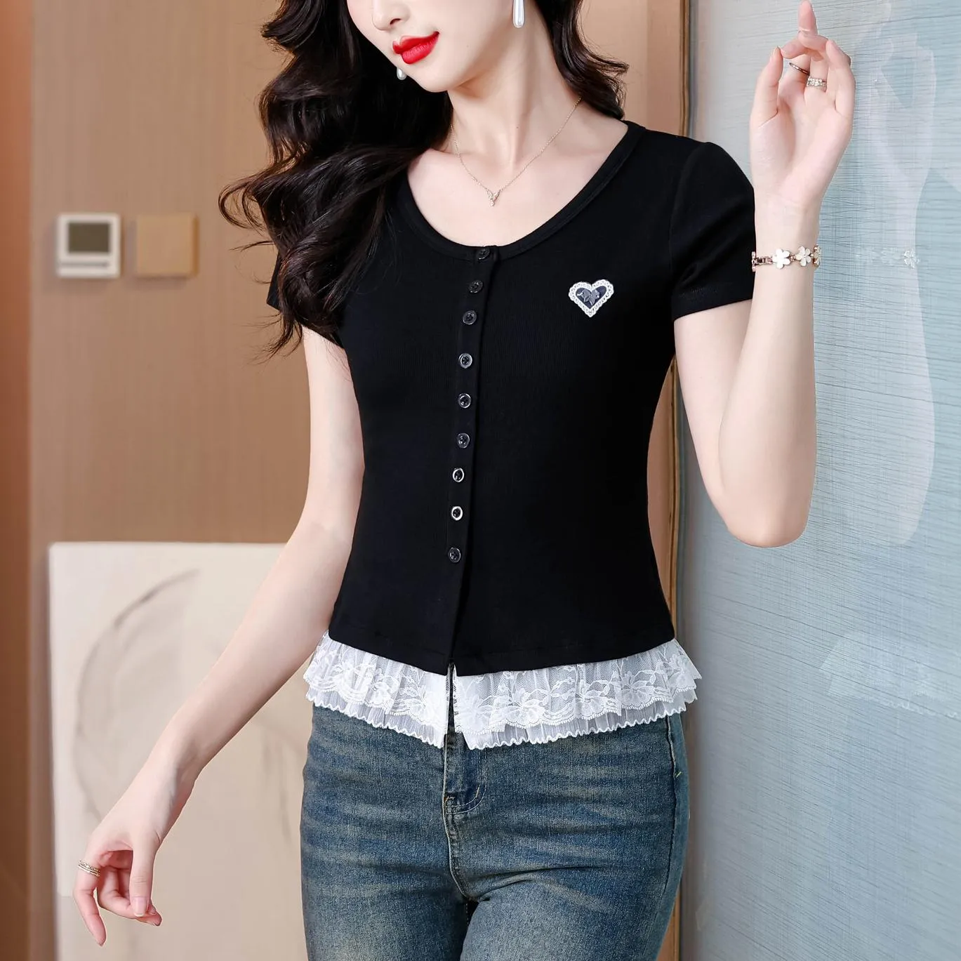 Sweet and Flattering Lace Trim Black Henley T-Shirt for Women