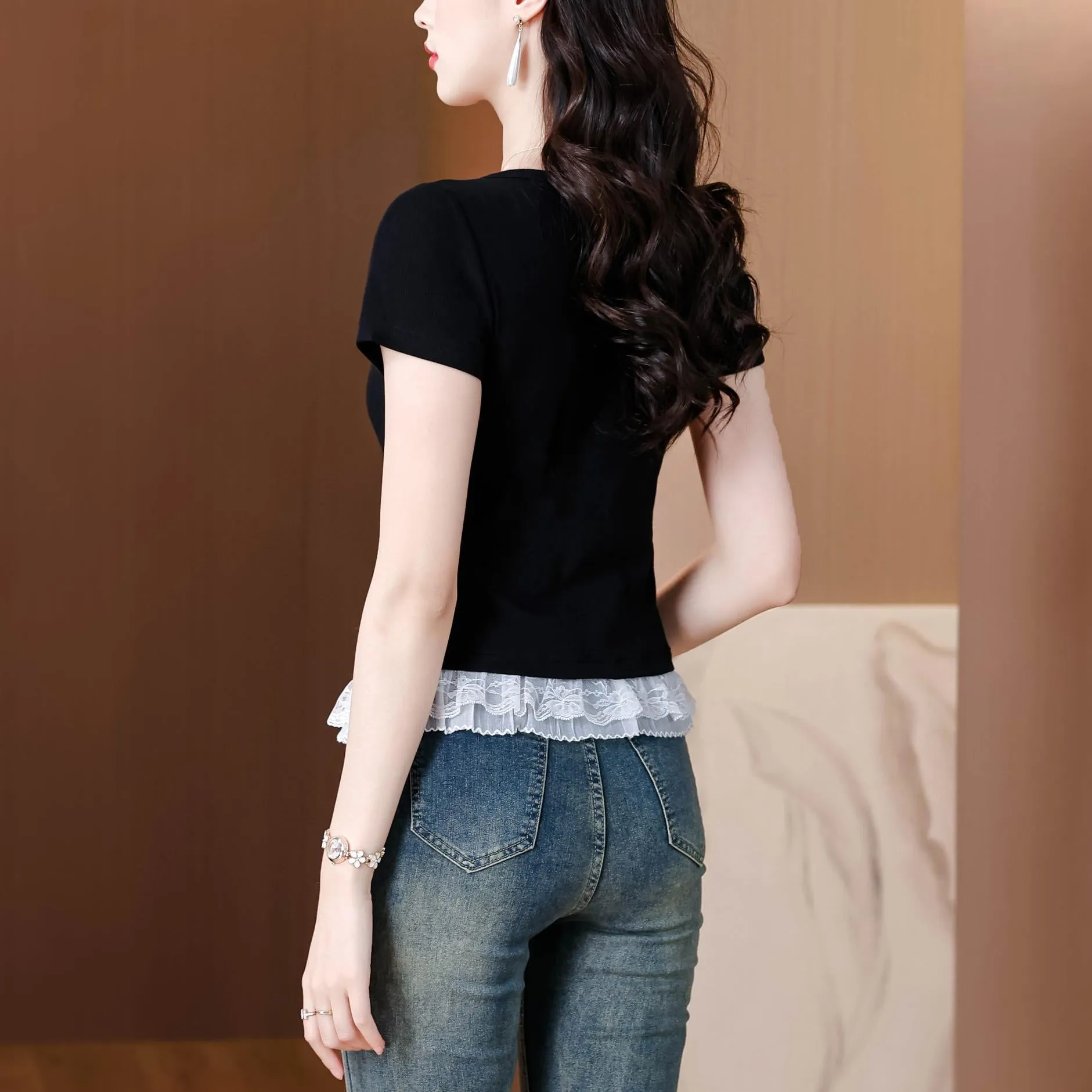 Sweet and Flattering Lace Trim Black Henley T-Shirt for Women