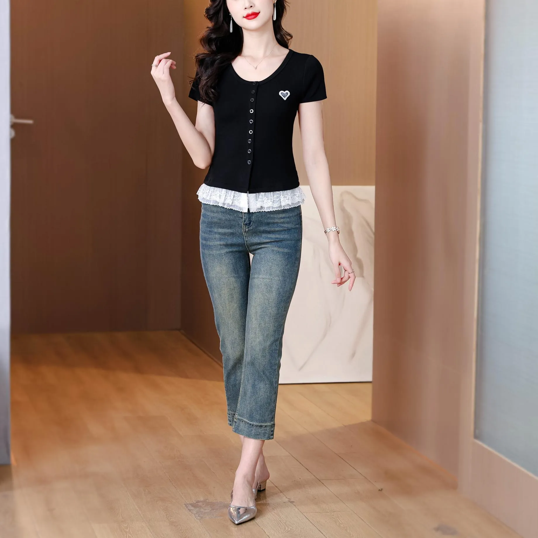 Sweet and Flattering Lace Trim Black Henley T-Shirt for Women