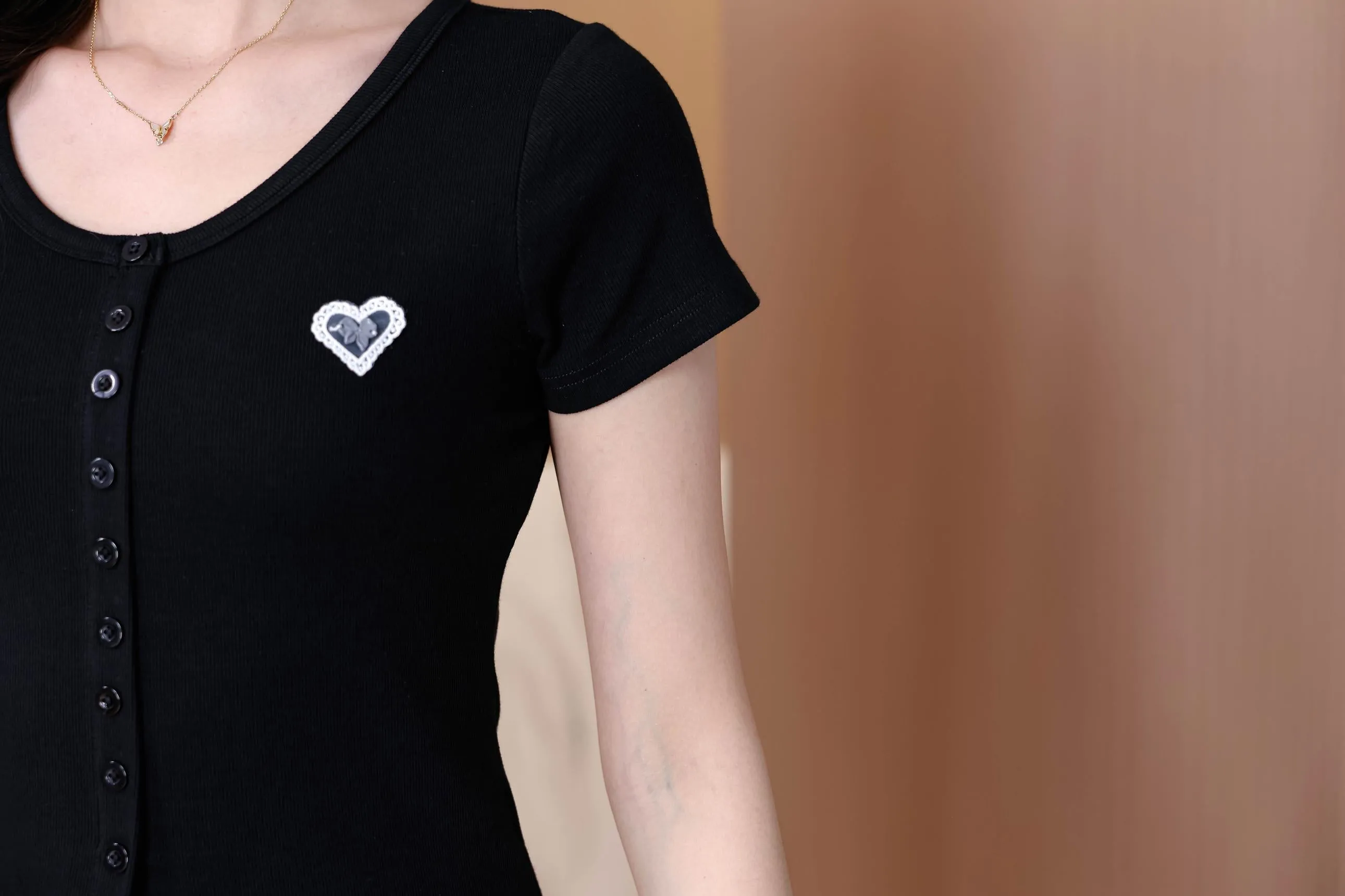 Sweet and Flattering Lace Trim Black Henley T-Shirt for Women