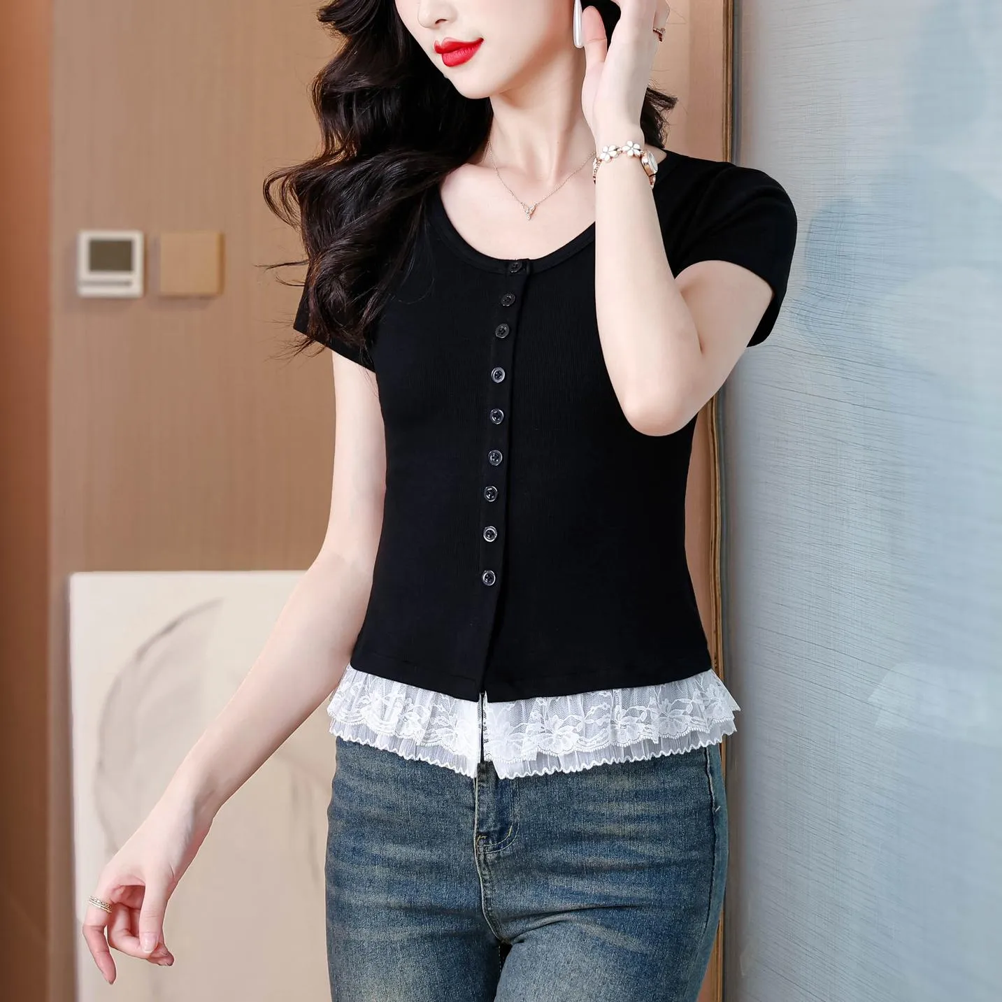 Sweet and Flattering Lace Trim Black Henley T-Shirt for Women