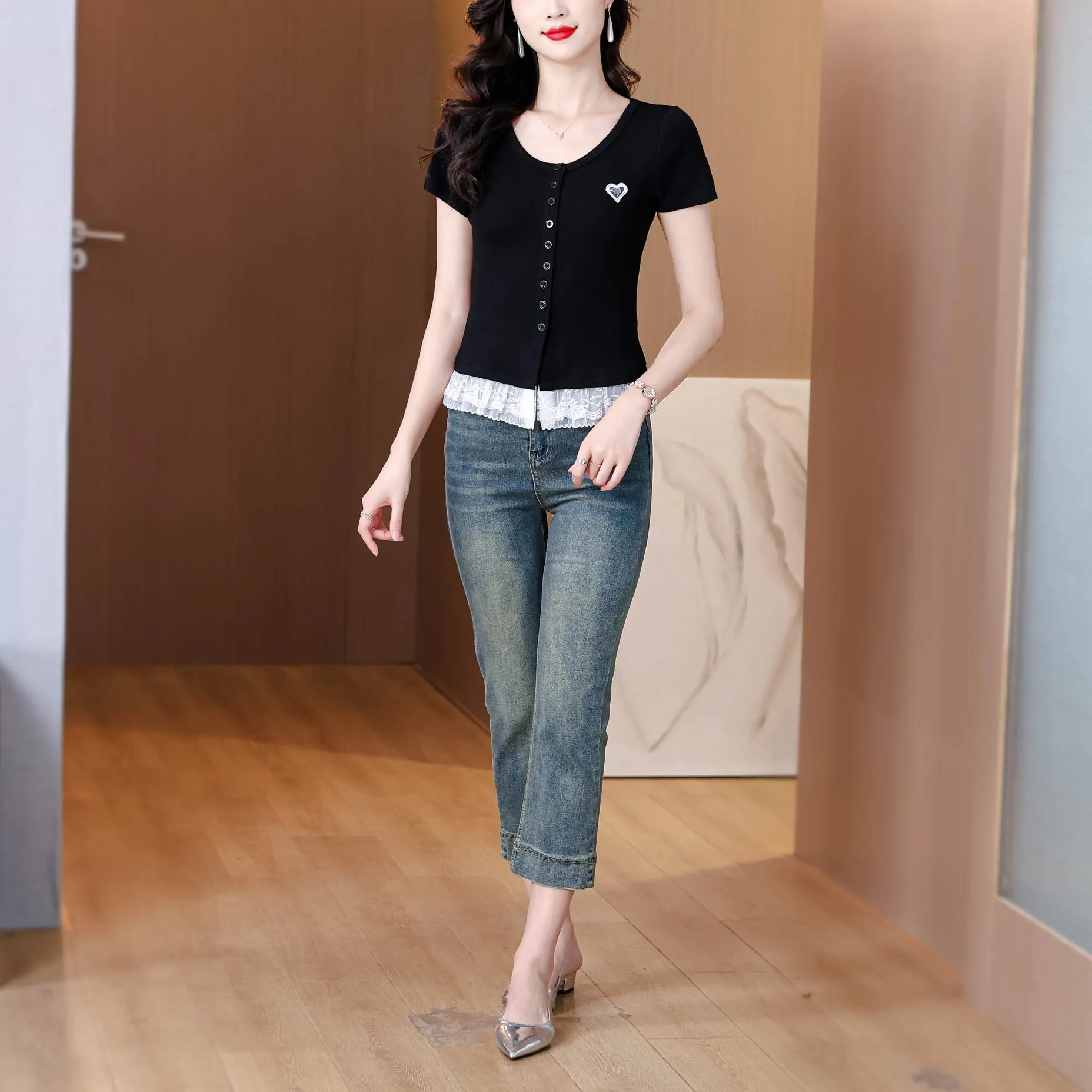 Sweet and Flattering Lace Trim Black Henley T-Shirt for Women