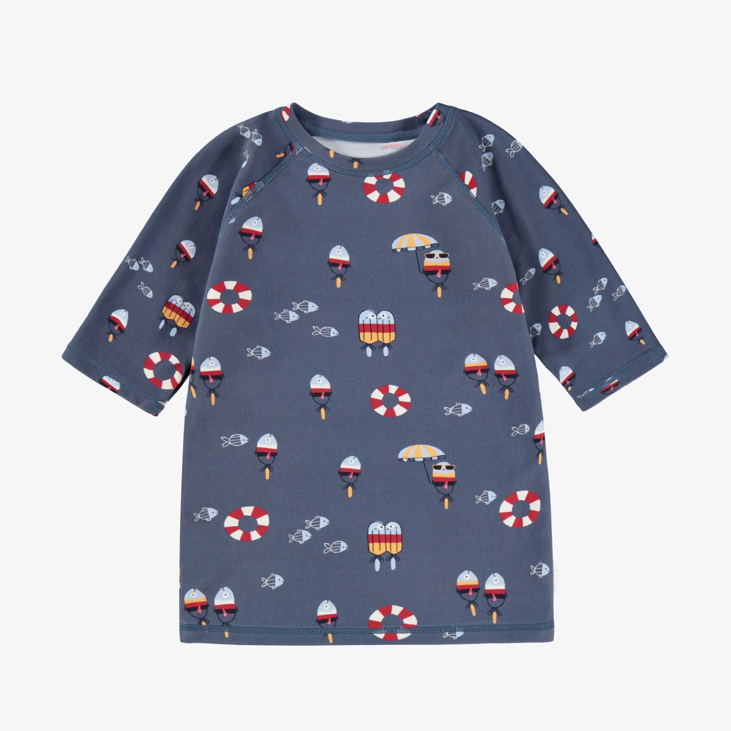 T-shirt de bain bleu marine à motifs, enfant || Navy blue swim t-shirt with all over print, child