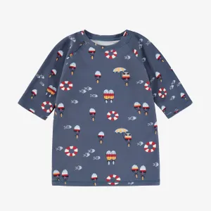 T-shirt de bain bleu marine à motifs, enfant || Navy blue swim t-shirt with all over print, child