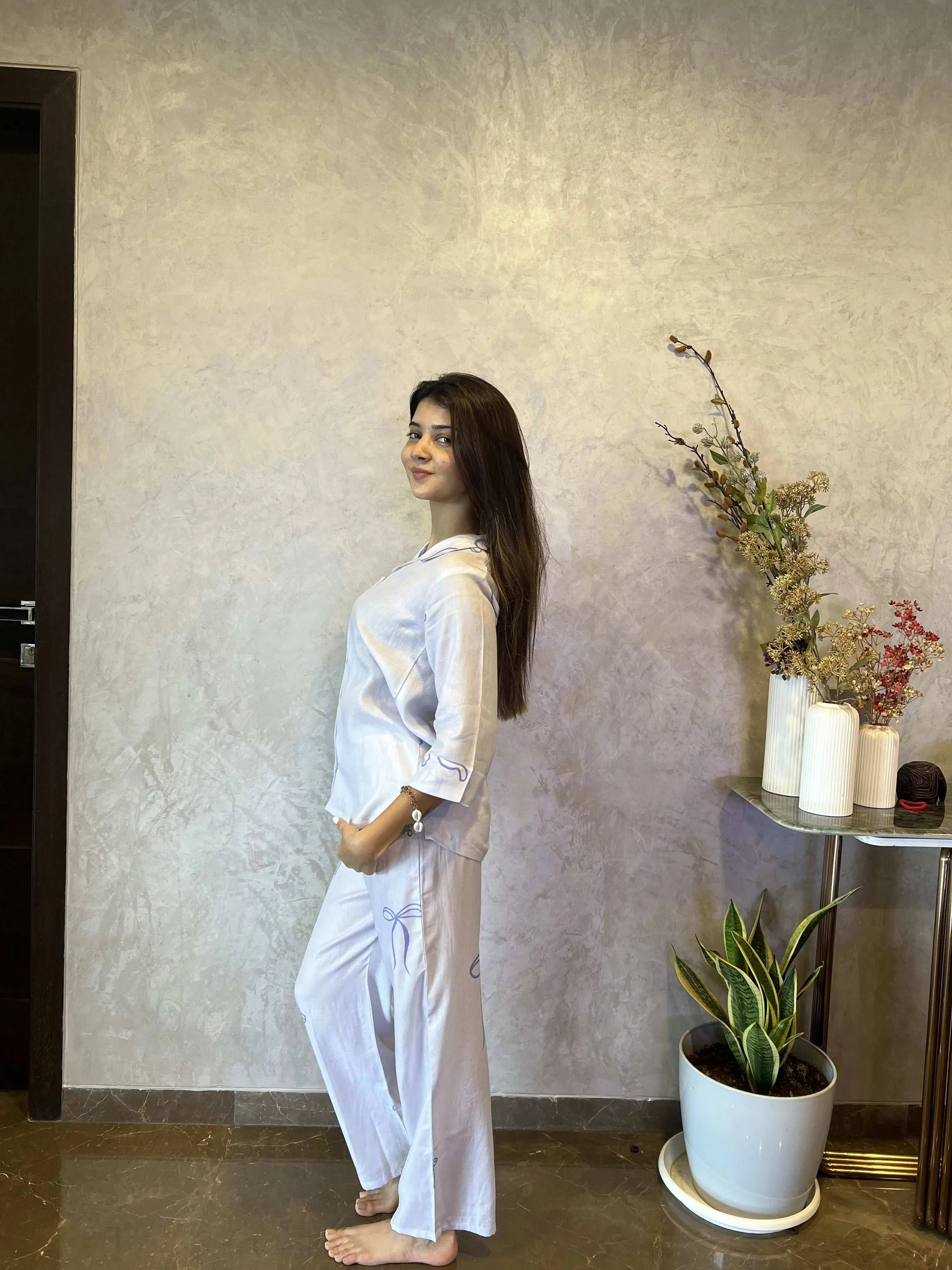 Velure Classic Bow Print Cotton Night Suit.