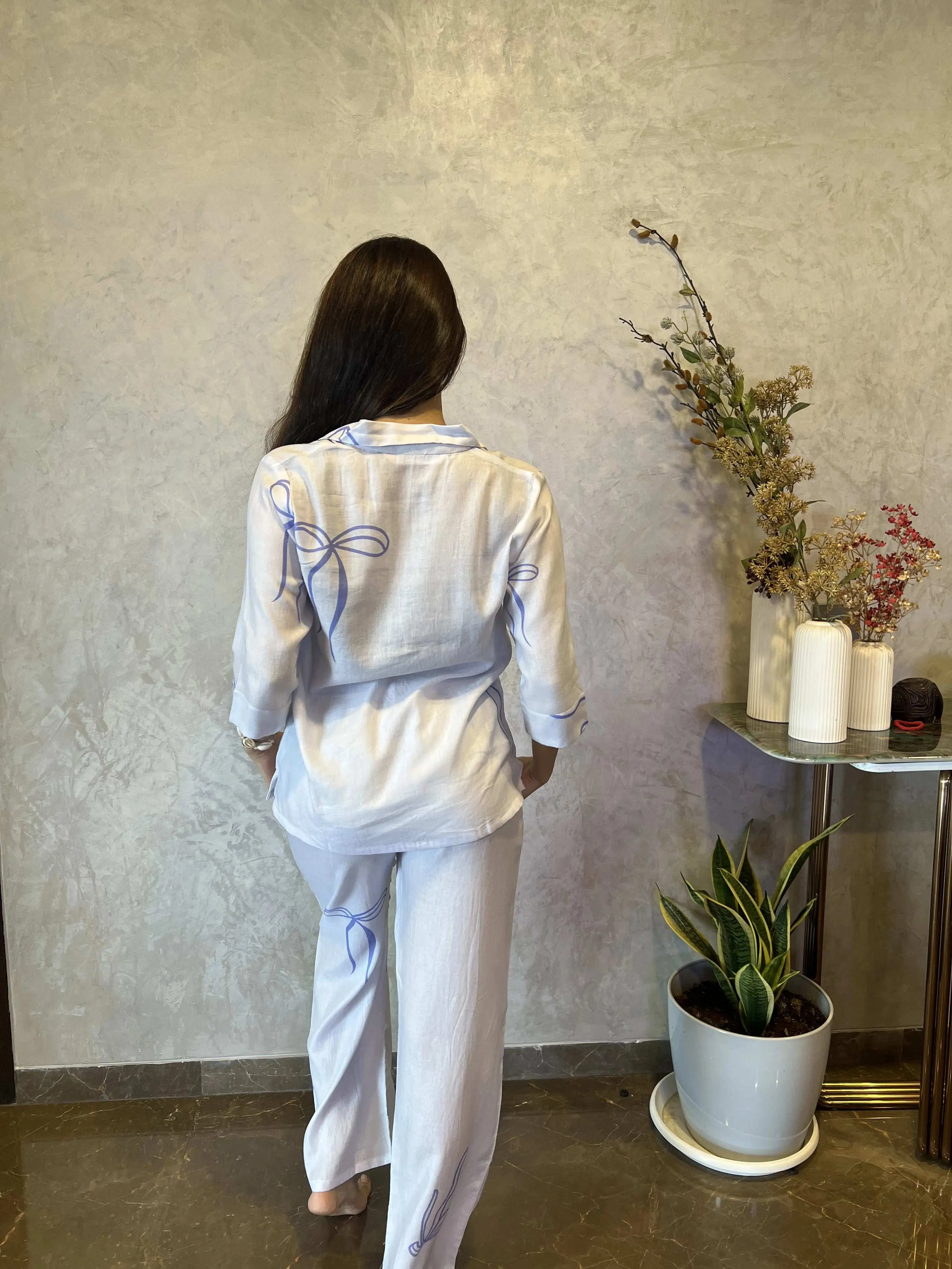 Velure Classic Bow Print Cotton Night Suit.