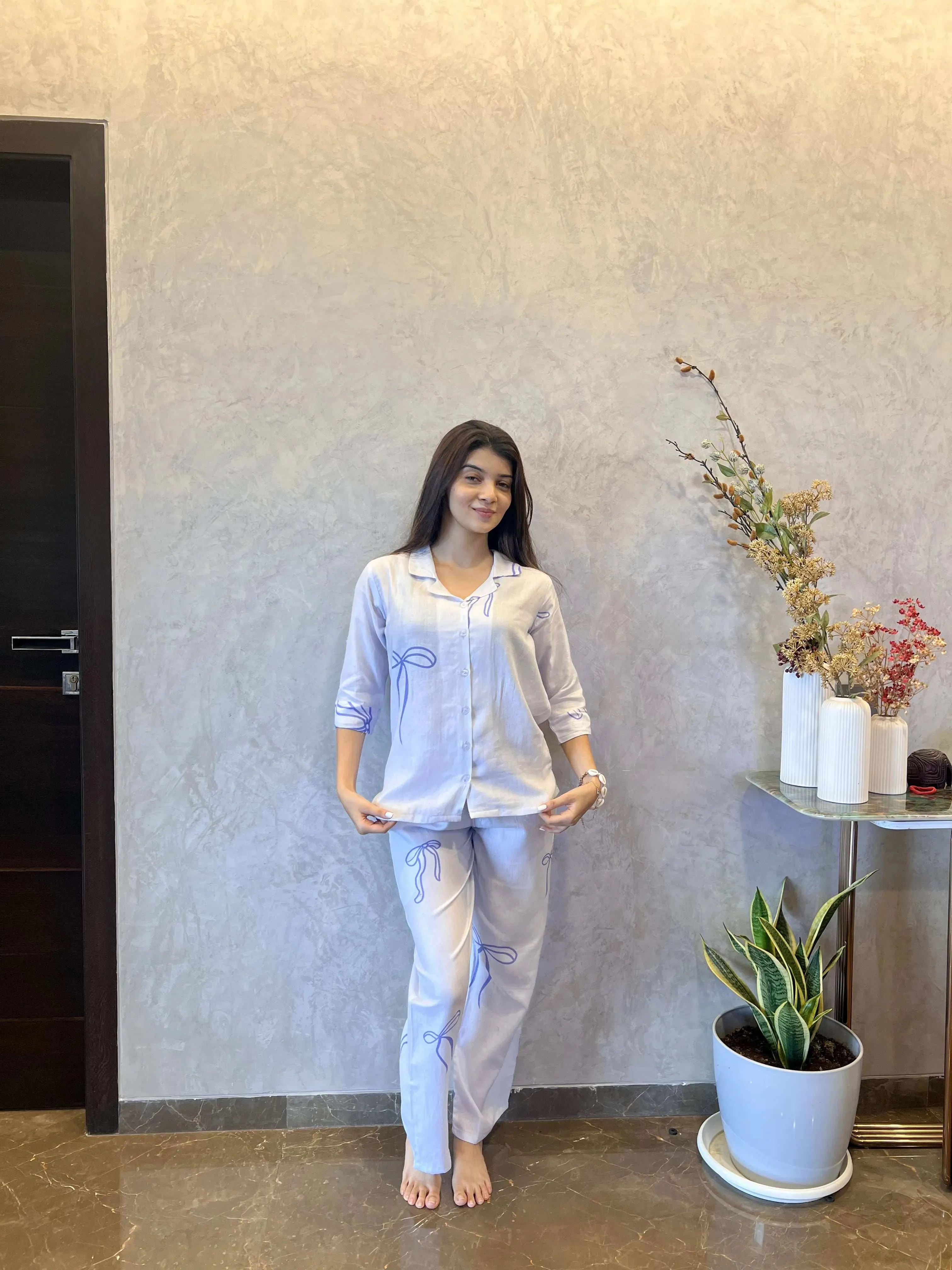 Velure Classic Bow Print Cotton Night Suit.