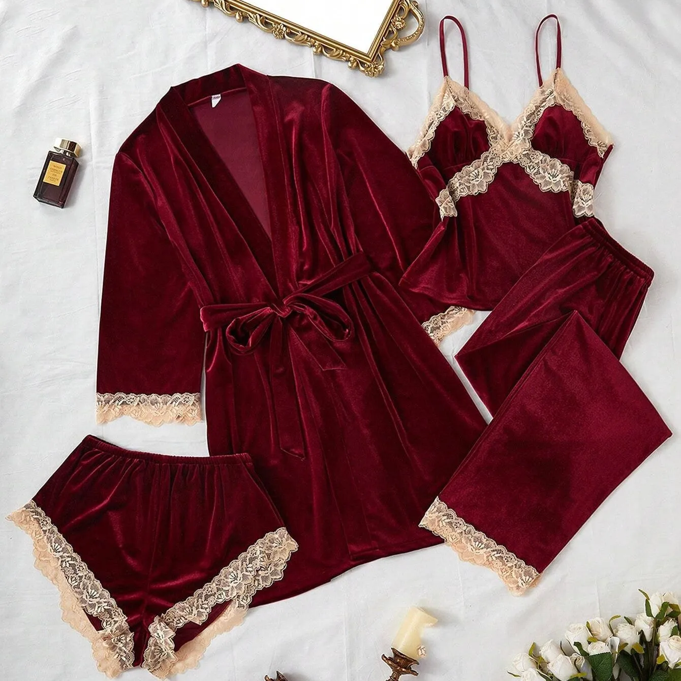 Velvety 4 Packs Pajamas Set - Burgundy