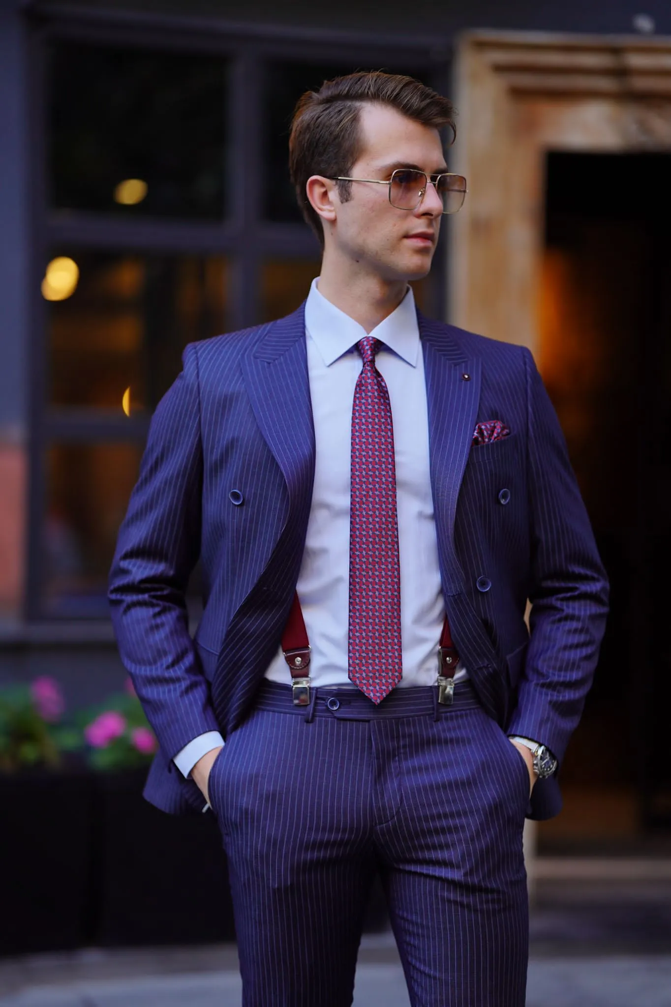 Vespo Pinstripe Navy Blue Double Breasted Suit for Modern Men