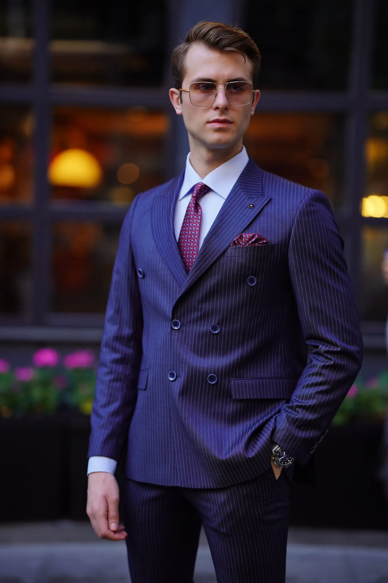 Vespo Pinstripe Navy Blue Double Breasted Suit for Modern Men