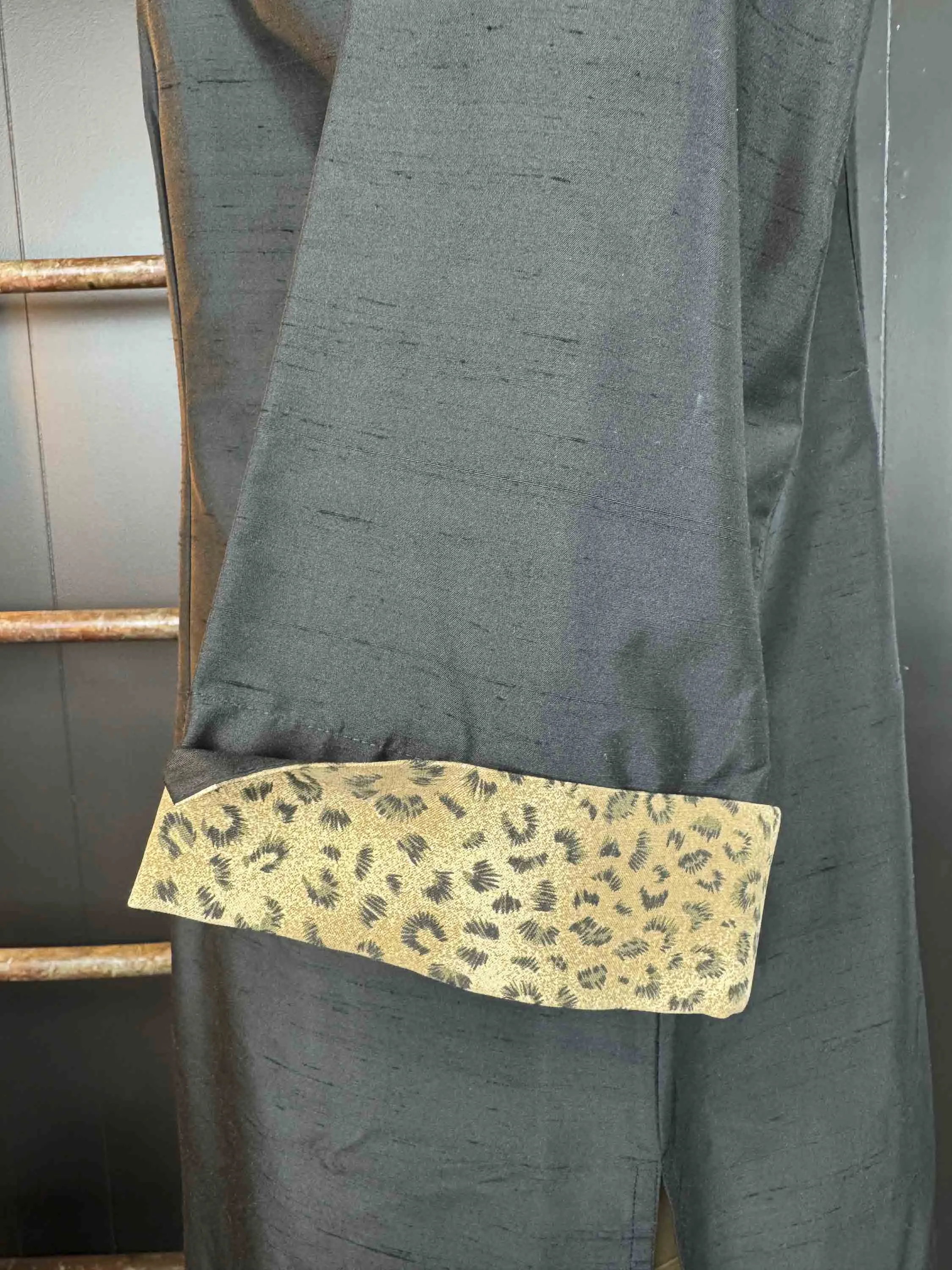 Vintage 1970s Silk Black Jacket/Blouse with Leopard Trims - Size L