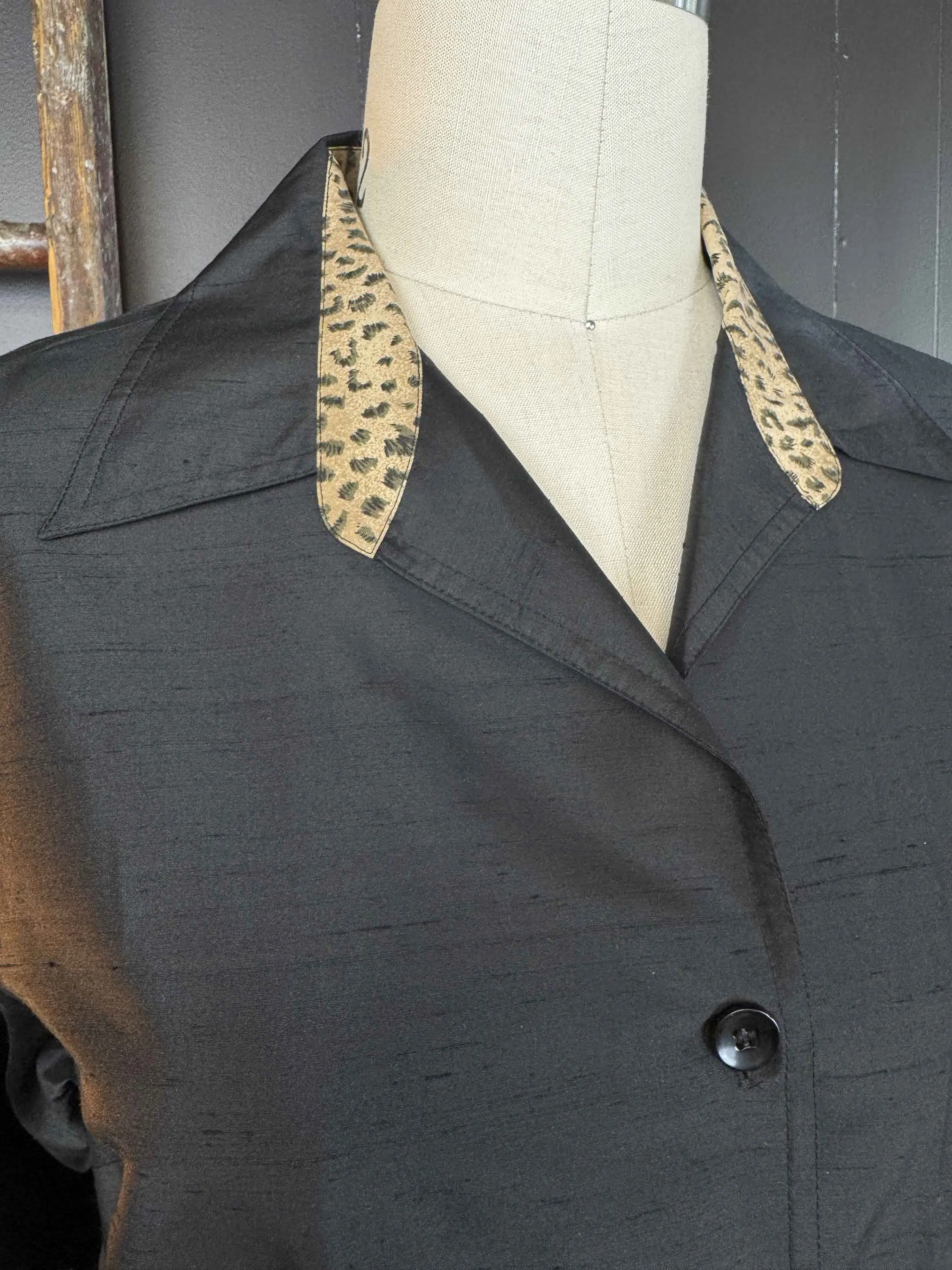 Vintage 1970s Silk Black Jacket/Blouse with Leopard Trims - Size L
