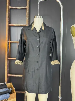 Vintage 1970s Silk Black Jacket/Blouse with Leopard Trims - Size L