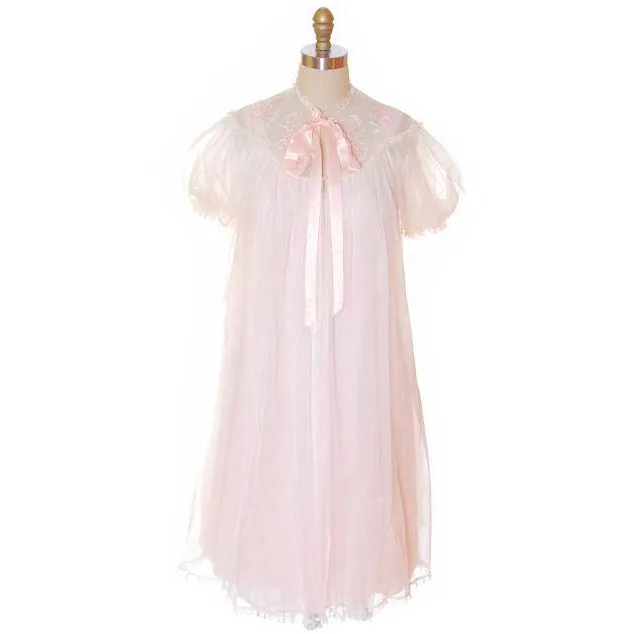 Vintage Peignoir Gotham Gold Stripe Frothy Pink Nylon Chiffon 1950s