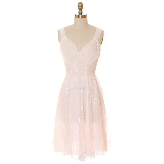 Vintage Peignoir Gotham Gold Stripe Frothy Pink Nylon Chiffon 1950s