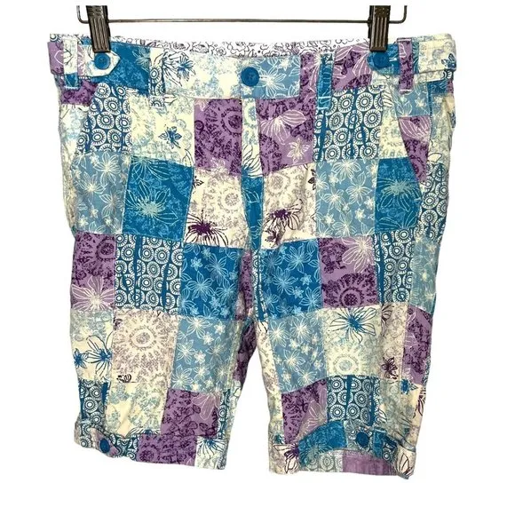 Vintage Y2K Blue Purple Print Patchwork Bermuda Shorts Medium