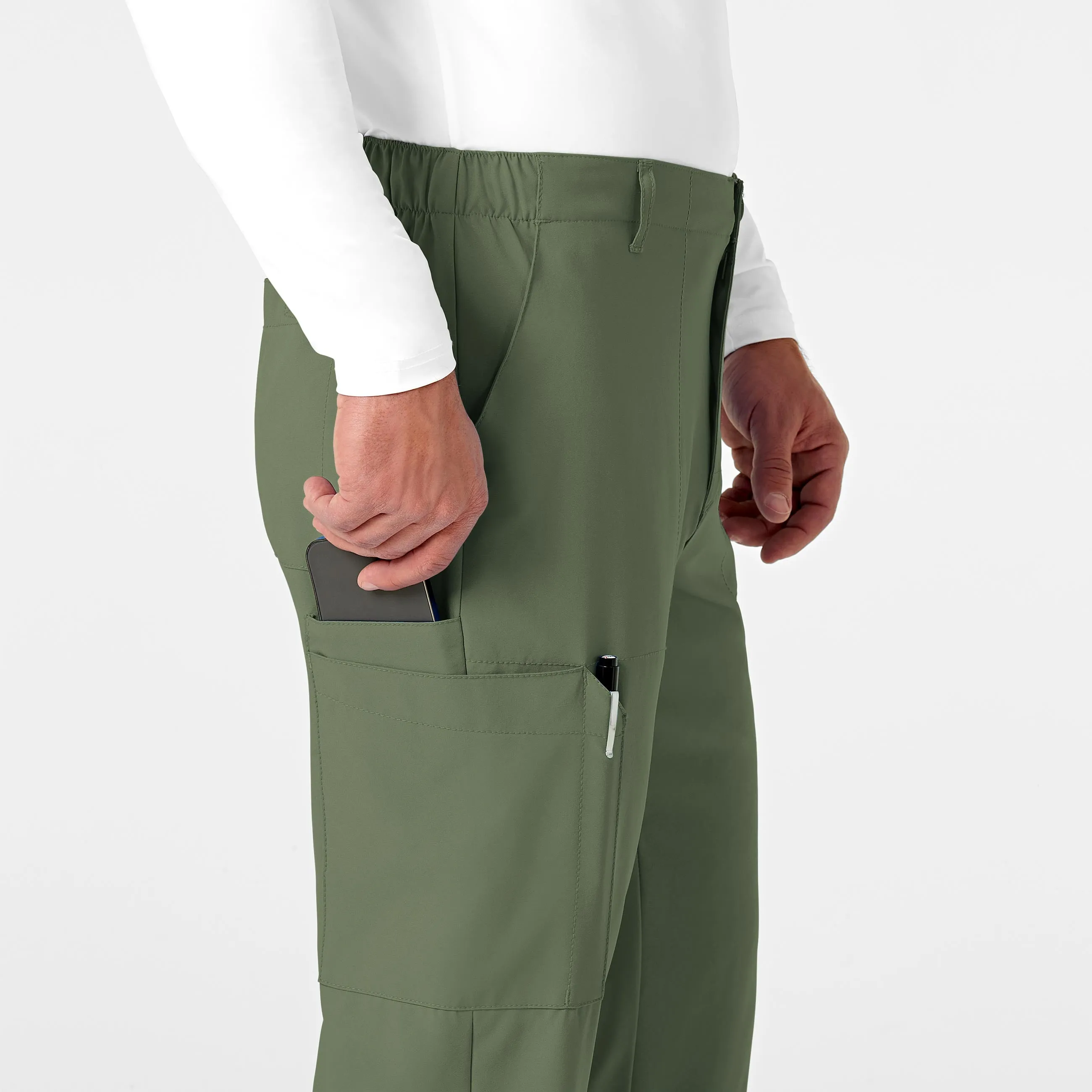 W123 5355 Men's Flat Front Cargo Scrub Pants Olive