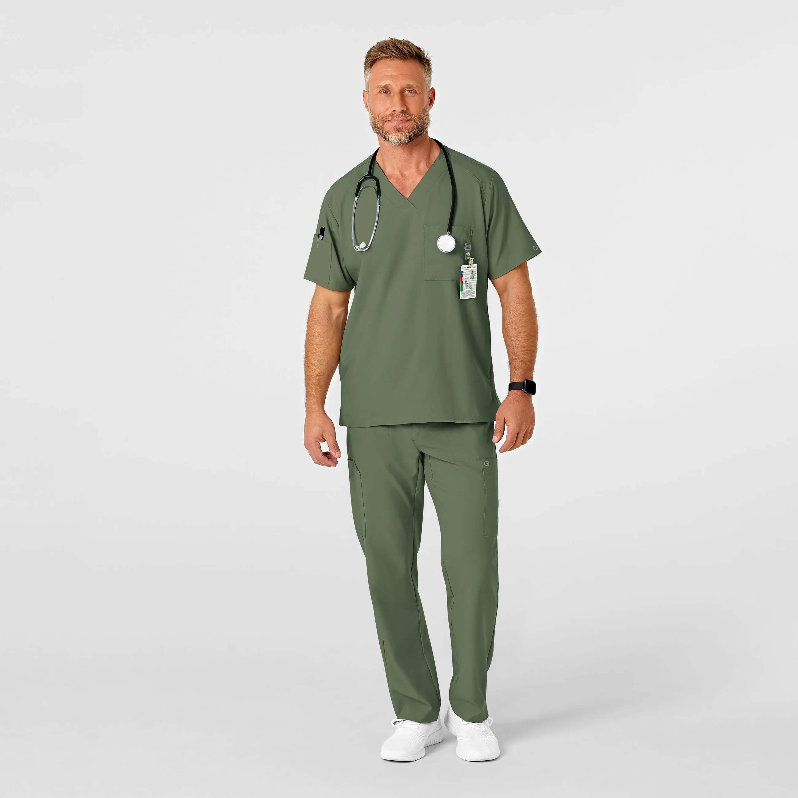 W123 5355 Men's Flat Front Cargo Scrub Pants Olive
