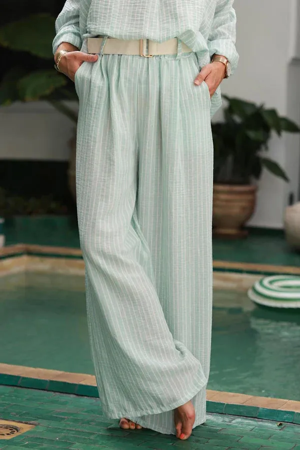 Water Green Pinstripe Woven Wide-Leg Pants
