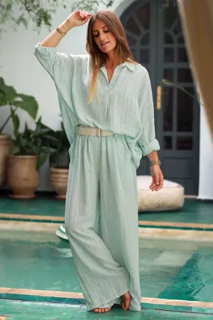 Water Green Pinstripe Woven Wide-Leg Pants