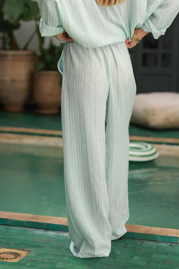 Water Green Pinstripe Woven Wide-Leg Pants