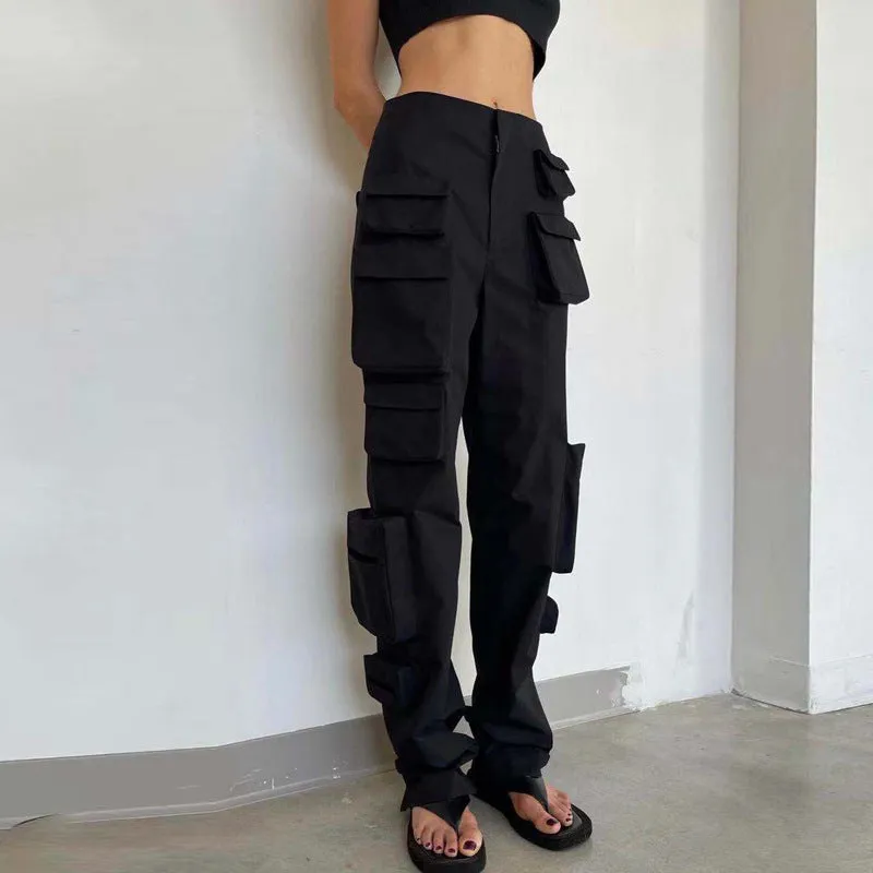 Woman Moto Bike Style Pocket High Waist Black White