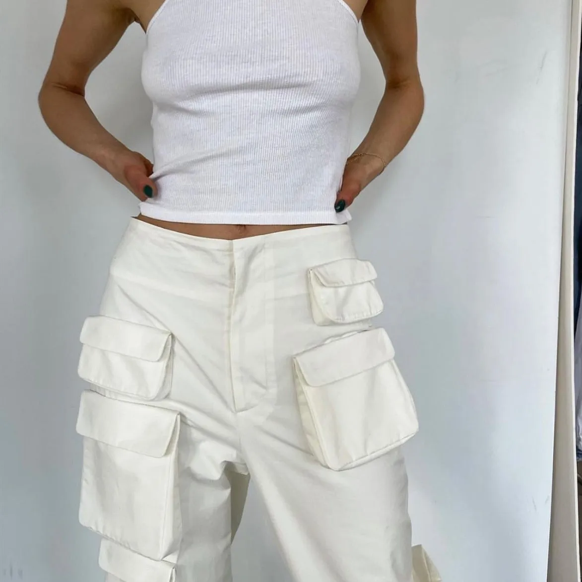Woman Moto Bike Style Pocket High Waist Black White