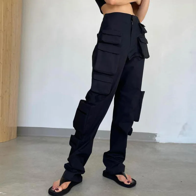 Woman Moto Bike Style Pocket High Waist Black White