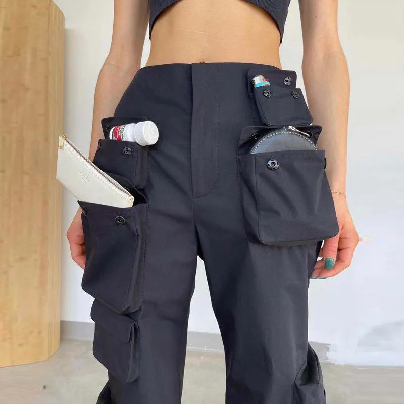 Woman Moto Bike Style Pocket High Waist Black White