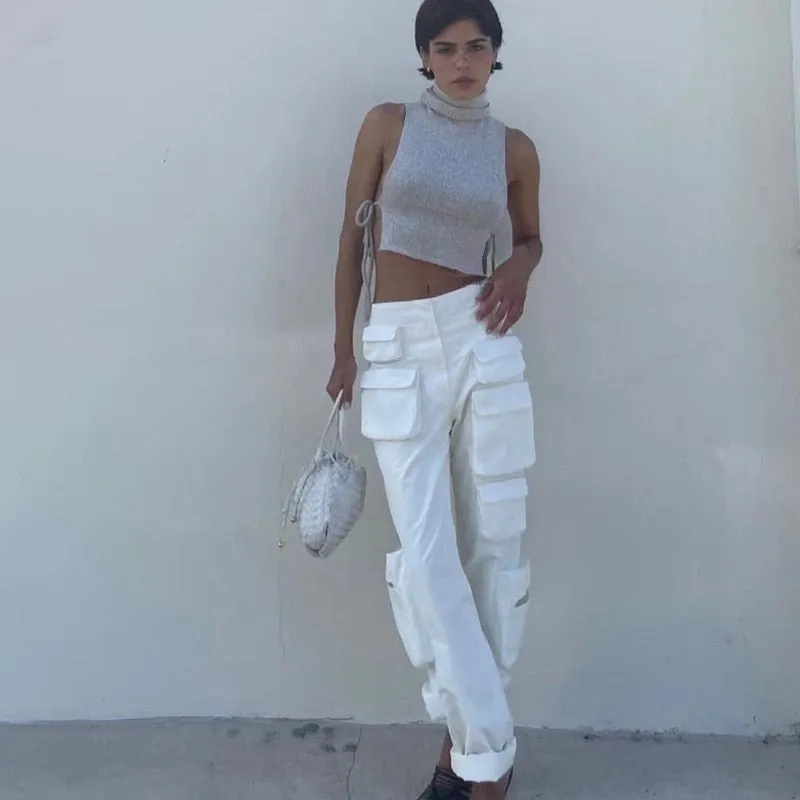 Woman Moto Bike Style Pocket High Waist Black White