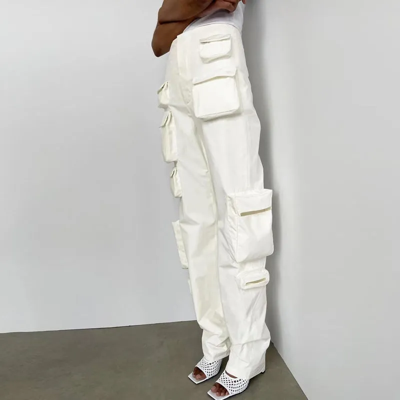 Woman Moto Bike Style Pocket High Waist Black White