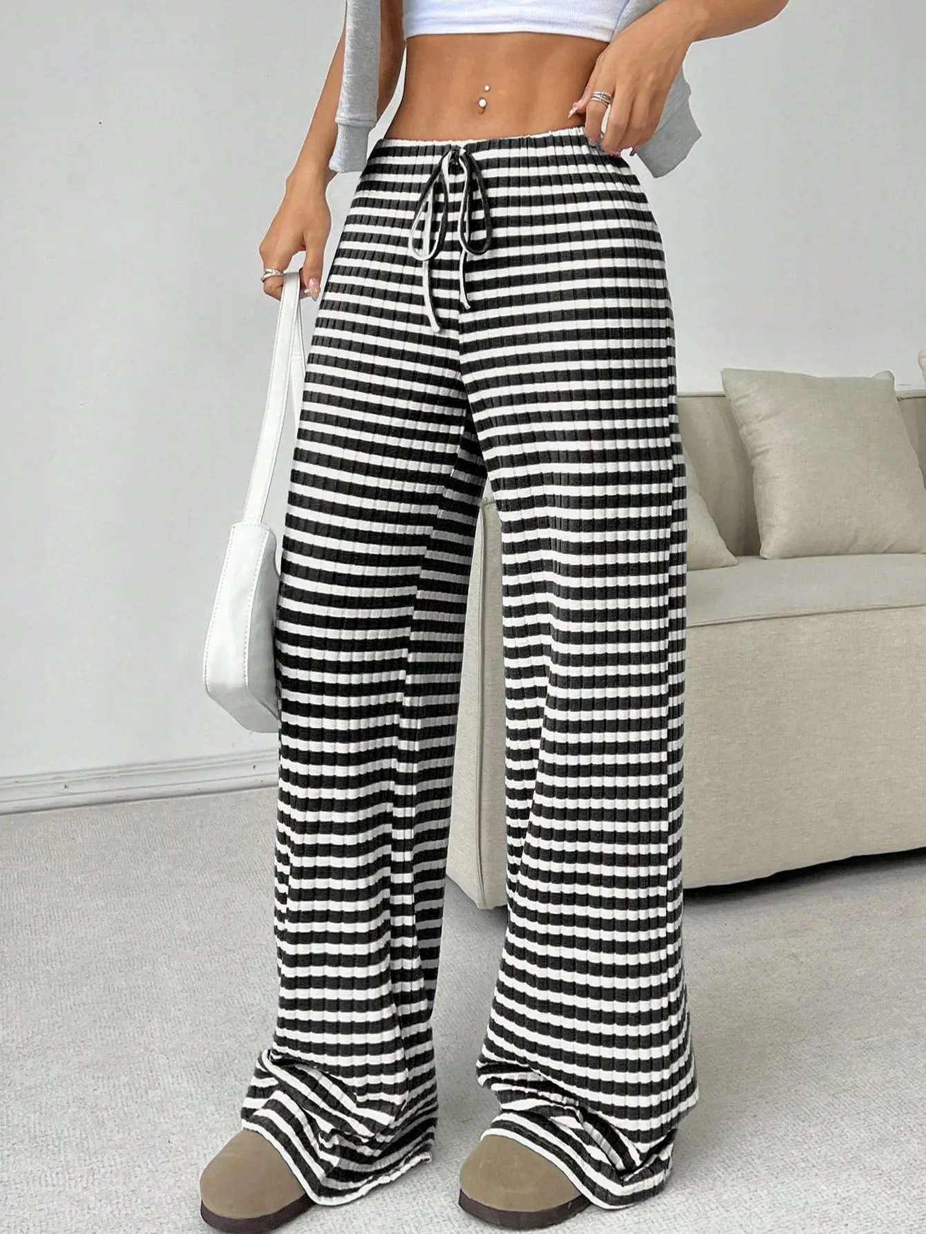 Women Stripe Drawstring Straight Leg Pants
