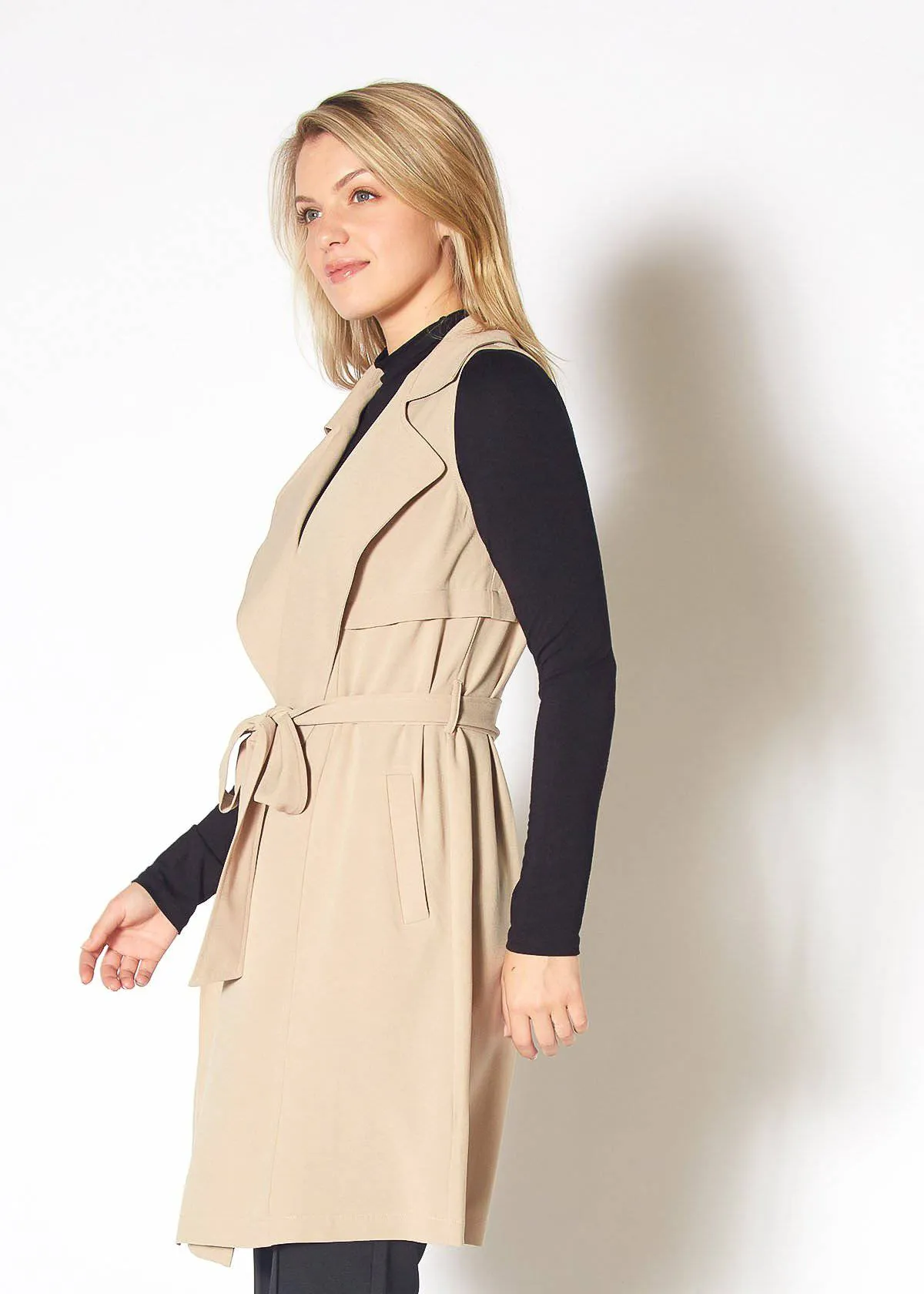 Women's Sleeveless Trench Vest in Khaki
