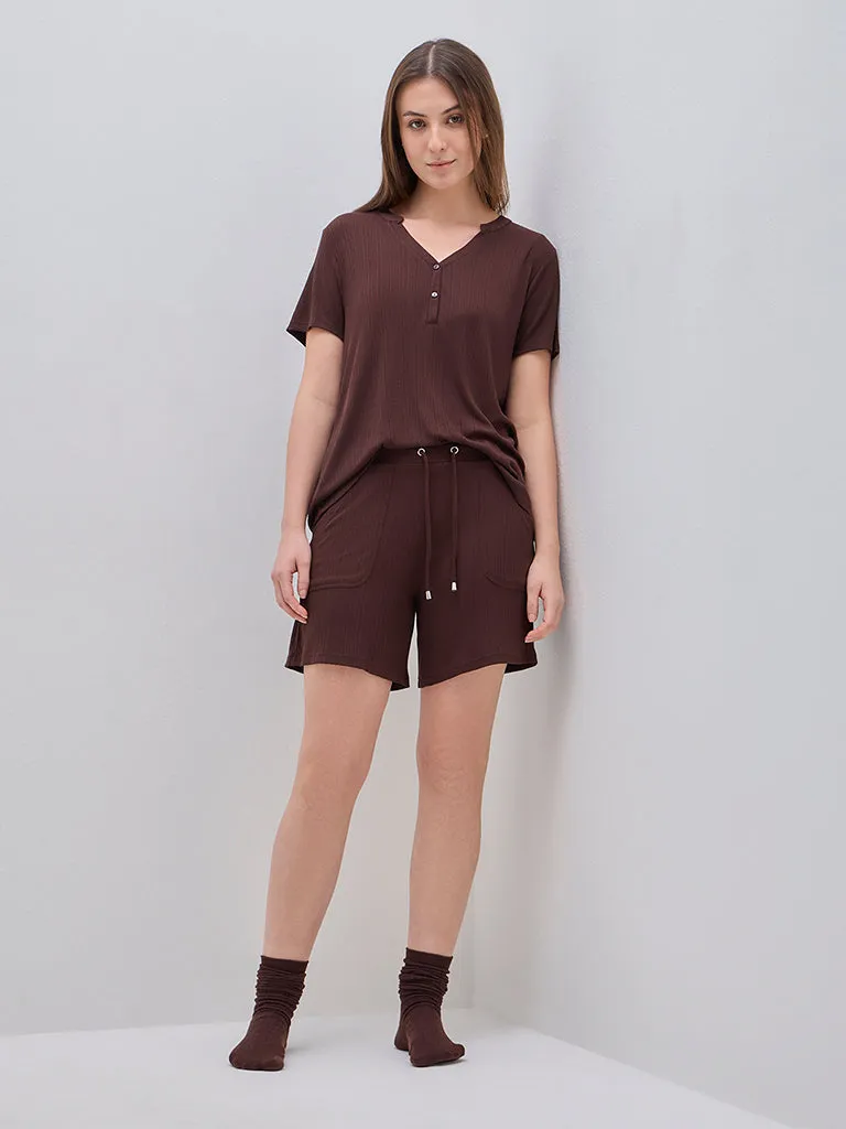 Wunderlove Dark Brown Ribbed Cotton-Blend Top
