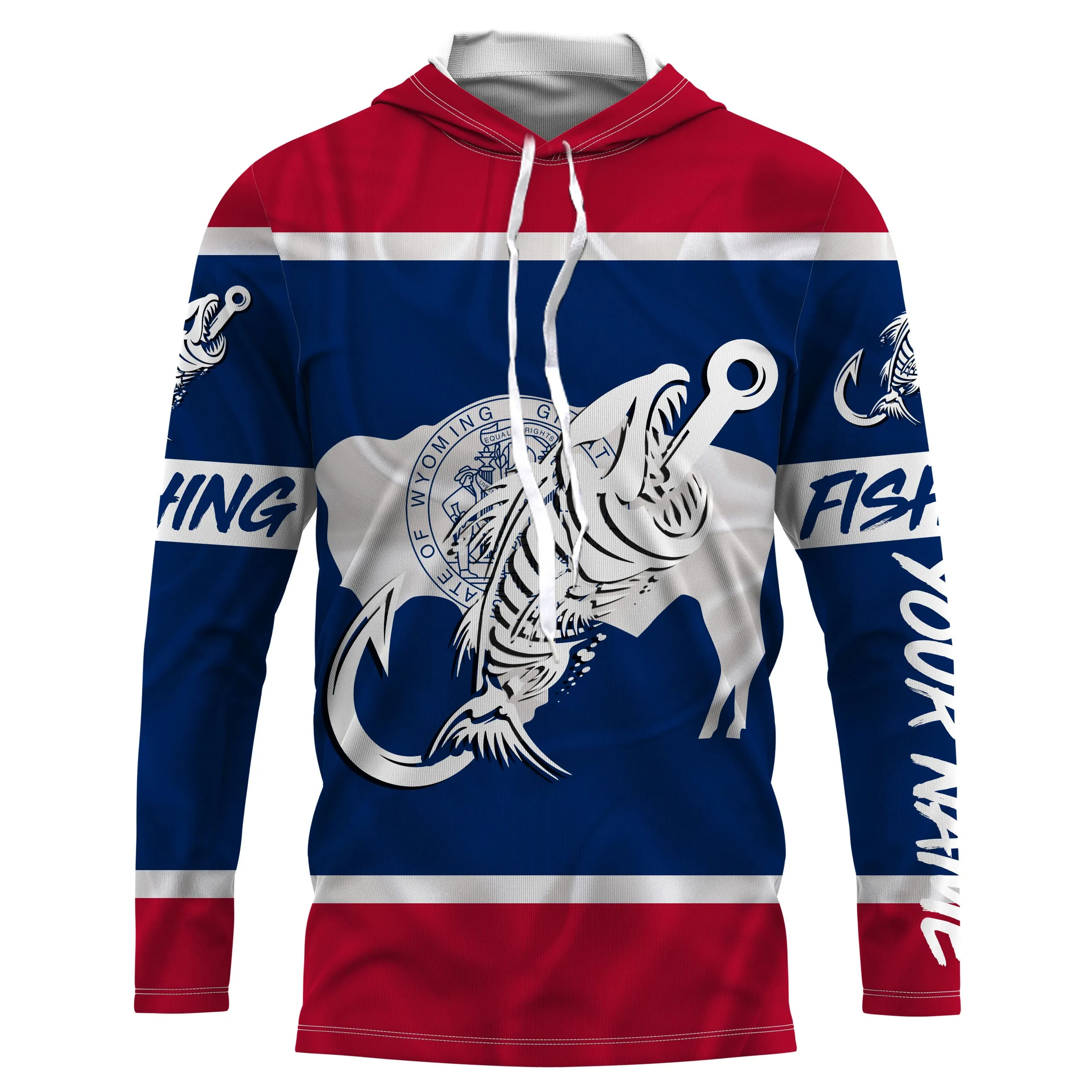 WY Wyoming Fishing Flag Fish hook skull Custom name jerseys | Long sleeve, Long Sleeve Hooded NPQ746
