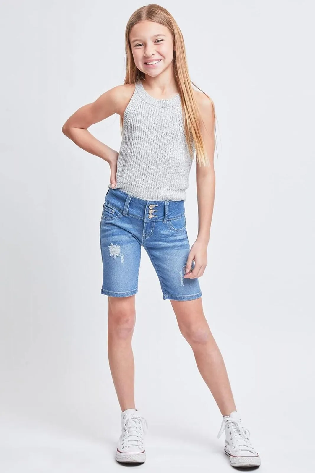 Ymi Girls Essential Mid-Rise 3-Button Bermuda Shorts Medium Blue 14