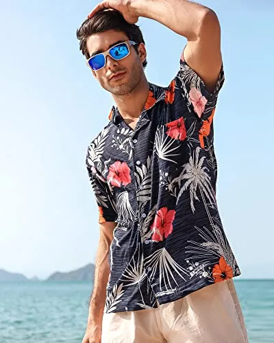 zeetoo Men's Hawaiian Shirt Short Sleeve Button Down Beach Shirts Tropical Aloha Shirt Holiday Casual Shirts Blue Large