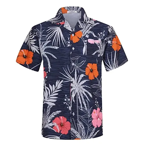 zeetoo Men's Hawaiian Shirt Short Sleeve Button Down Beach Shirts Tropical Aloha Shirt Holiday Casual Shirts Blue Large