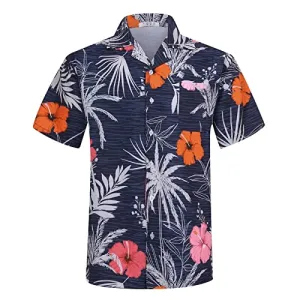 zeetoo Men's Hawaiian Shirt Short Sleeve Button Down Beach Shirts Tropical Aloha Shirt Holiday Casual Shirts Blue Large