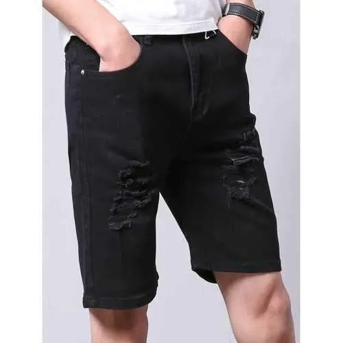 Zipper Fly Straight Leg Ripped Jean Shorts - Black 34