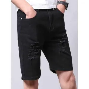 Zipper Fly Straight Leg Ripped Jean Shorts - Black 34